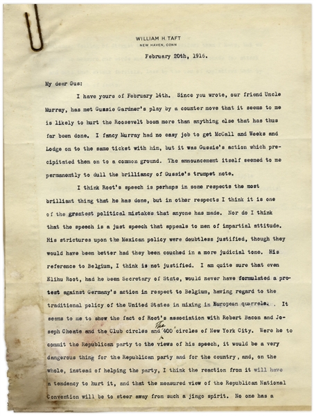 William Taft Letter Signed During Louis Brandeis' Nomination to the Supreme Court -- ''...The Brandeis evidence is revealing a professional crookedness...the Jews have a right to complain...''